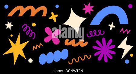 Lebendige abstrakte Komposition mit bunten Blumen und Spiralen, Wolken und geometrischen Formen auf schwarzem Hintergrund für moderne Kunst. Verspielte Designelemente aus Sternen, Wellen und Punkten für festliche Poster. Stock Vektor