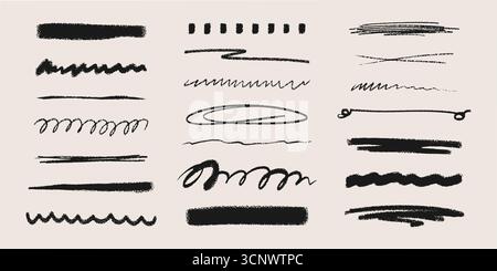 Abstrakte Buntstift-Doodle-Linien, isoliert auf Hintergrund gesetzt. Vektor-realistische Illustration von schwarzen Markierungen oder Bleistiftkritzeln, dünnen und dicken Pinselstrichen mit körniger Textur, handgezeichneten Kritzeleien Stock Vektor