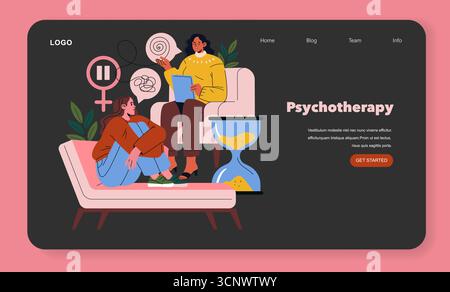 Vektorillustration einer Psychotherapiesitzung mit einem Therapeuten und einem sitzenden Patienten. Symbole wie eine Sanduhr und psychologische Symbole unterstreichen das Therapienthema. Stock Vektor