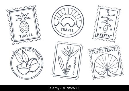 Briefkasten mit tropischen Reisemarken mit Ananas, Sonnenuntergangsstrahlen und exotischen botanischen Elementen für Korrespondenz. Vintage-Postmarken mit Blumen- und Blattmotiven für Urlaubssendungen Stock Vektor