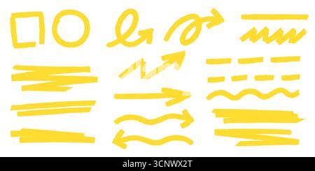 Hellgelbe Hervorhebungskonturen mit Markierungstexturen – Pfeile und Unterstriche, Kreise, Quadrate und wellige Linien auf weißem BG. Handgezeichnete Hervorhebungselemente für Anmerkungen, Notizen oder digitale Designakzente Stock Vektor