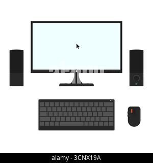 Minimalistisches Desktop-PC-Setup mit Lautsprechern und Zubehör Stock Vektor