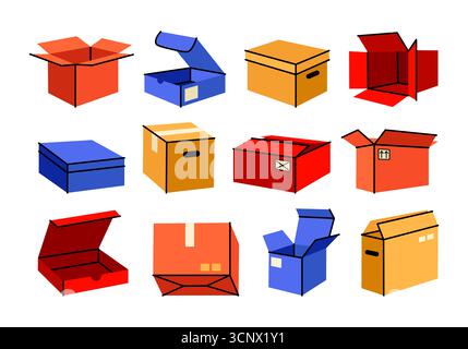 Niedliche Geschenk- und Lieferboxen im flachen Cartoon-Stil. Offene und geschlossene Kartons, Versandelemente. Vektorsatz-Illustration von Paketen verschiedener Formen. Stockfoto