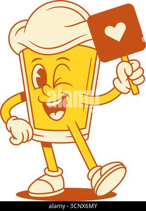 Verspielter Bierglas-Karikaturcharakter mit Herz-Schild-Vektor-flache Illustration. Comic Maskottchen Malt Schaumalkoholgetränk zeigt Liebeszeichen für Sai Stock Vektor