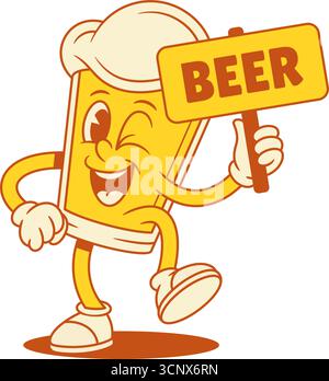 Verspielter Bierglas-Zeichentrickcharakter mit Plakatvektor flache Illustration. Funky Comic Malt schaumige Alkohol Getränk Maskottchen mit Schild für Pub Bar Stock Vektor