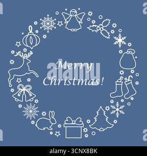 Weihnachtskranz-Design auf blauem Hintergrund mit festlichen Elementen und Frohe Weihnachten! Textvektor Stock Vektor