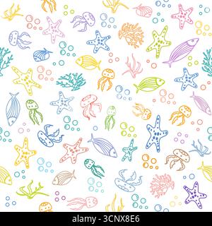 Meeresbewohner Muster mit bunten Quallen, Seesternen und Fischen auf weißem Hintergrund Vektor Stock Vektor