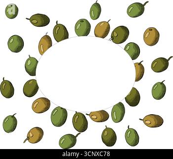 Handgezeichneter Kranz mit ovaler Rahmenschablone aus reifer Olivenbeere. Vektorgrafik Linie farbige Illustration. Banner, Poster, Geschenkpapier, Aufkleber, PR Stock Vektor