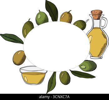 Ovale Rahmenschablone für Olivenöl, grüne Beeren und Blätter. Vektorgrafik Linie farbige Illustration. Blätter und Beeren runden Rahmen. Extra natives Olivenöl Stock Vektor