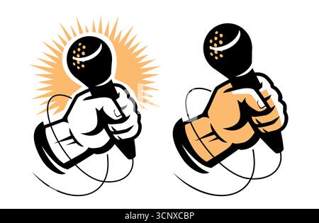 Handmikrofon mit Kabel. Pressekonferenz, Aufnahme von Podcast. Performance- und Festkonzept Stock Vektor