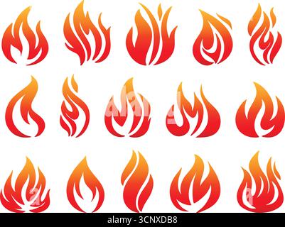 Brandanschaulichung Set. Helle brennende Flammen verschiedener Formen. Glühende Flammen, Clip Art. Vektor-Lagerfeuer-Elemente Stock Vektor