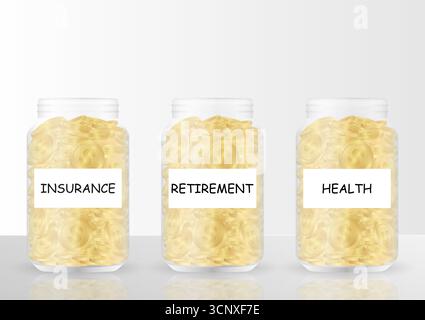 Geldglas oder Geldflasche. Glasgefäß mit Münzen. Wachstum von Geld, Sparen und Investitionen. Stock Vektor