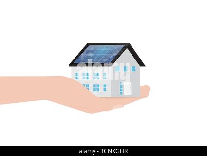 Hand-Holding-Haus mit Sonnenkollektor auf dem Dach. Solarenergie und erneuerbare Energiequellen. Saubere und grüne Energie. Vektorabbildung. Stock Vektor