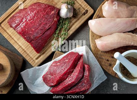 Flache Zusammensetzung verschiedener Fleischsorten auf schwarzem Tisch, Draufsicht Stockfoto