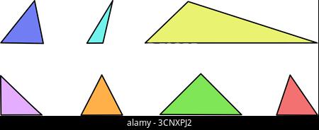 Verschiedene Arten von Dreiecken in verschiedenen Größen und Farben. Set aus farbenfrohen geometrischen Dreiecksformen Stock Vektor