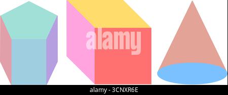 Sammlung verschiedener geometrischer Formen in verschiedenen Farben. Buntes Set dreidimensionaler Volumenkörper Stock Vektor