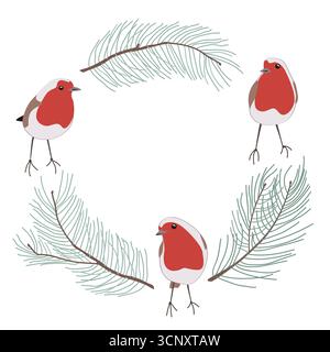 Blumengestell für Weihnachtskranz mit niedlichen robinvögeln und Tannenzweigen. Winterdekoration mit Laub, Weihnachtskarte. Vektor-isolierte Abbildung Stock Vektor