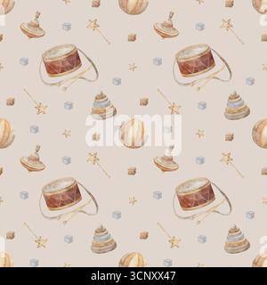 Muster Retro-Holzspielzeug, Trommel, Ball, drehbares Top, Pyramide. Handgezeichnete Aquarellillustration im kindlichen Vintage-Stil. Nahtloser Aufdruck auf Beige Stockfoto