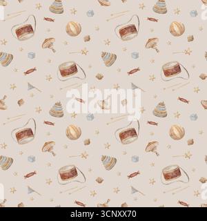 Muster Aquarell Vintage Spielzeug, Spinning Top, Pyramide, Trommel, Süßigkeiten, Flagge, Ball, Würfel, Sterne. Handgezeichnete Illustration im kindlichen Retro-Stil Stockfoto