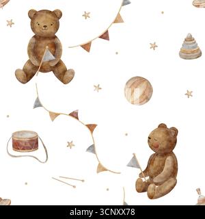 Muster Aquarellbären, Teddy, Flaggengirlande, Retro-Spielzeug, Pyramide, Trommel. Handgezeichnete Illustration im kindlichen Vintage-Stil. Nahtloser Druck isoliert Stockfoto