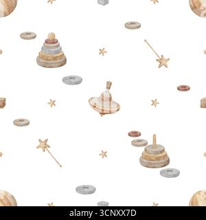 Holzspielzeug mit Aquarellmuster, Drehplatte, Pyramide, Sterne. Handgezeichnete Illustration im kindlichen Vintage-Stil. Nahtloser Druck isoliert auf Hintergrund Stockfoto