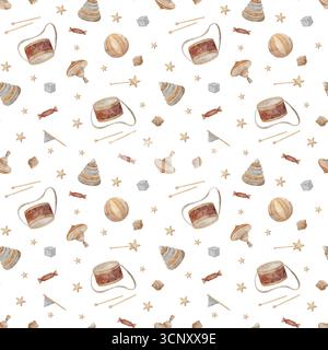 Muster Aquarell Vintage Spielzeug, Spinning Top, Pyramide, Trommel, Süßigkeiten, Flagge, Ball, Würfel, Sterne. Handgezeichnete Illustration im kindlichen Retro-Stil Stockfoto