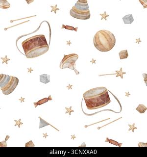 Muster Aquarell Vintage Spielzeug, Spinning Top, Pyramide, Trommel, Süßigkeiten, Flagge, Ball, Würfel, Sterne. Handgezeichnete Illustration im kindlichen Retro-Stil Stockfoto