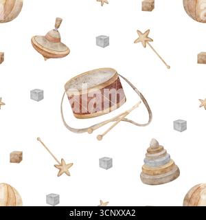 Muster Retro Holzspielzeug Trommel, Kugel drehende Top Pyramide. Handgezeichnete Aquarellillustration im kindlichen Vintage-Stil. Nahtloser Druck isoliert von Stockfoto