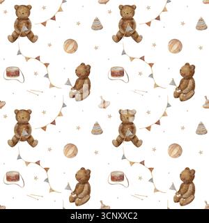Muster Aquarellbären, Teddy, Flaggengirlande, Retro-Spielzeug, Pyramide, Trommel. Handgezeichnete Illustration im kindlichen Vintage-Stil. Nahtloser Druck isoliert Stockfoto