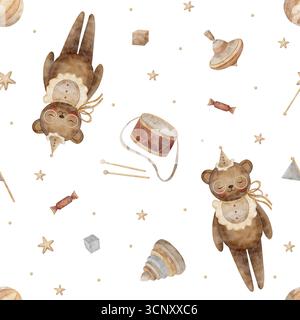 Muster Aquarell Vintage Bären, Teddybären, Spielzeug, Spinning Top, Pyramide, Trommel, Ball, Würfel, Sterne. Handgezeichnete Illustration im kindlichen Stil Stockfoto