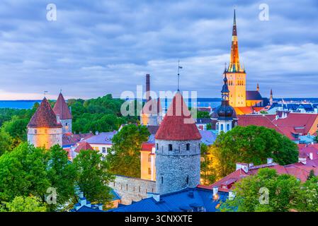 Tallinn, Estland. Panorama der mittelalterlichen Stadt mit der Kirche Saint-Nicolas, farbenfrohen Häusern und typischen Türmen Stockfoto