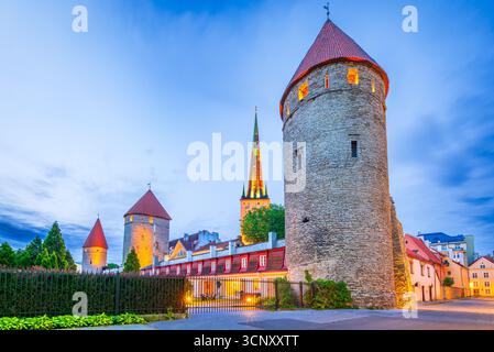 Tallinn, Estland. Altstadt eines der am besten erhaltenen Systeme mittelalterlicher Befestigungen in Europa, Plattenturm und Kirche Saint Olaf Stockfoto