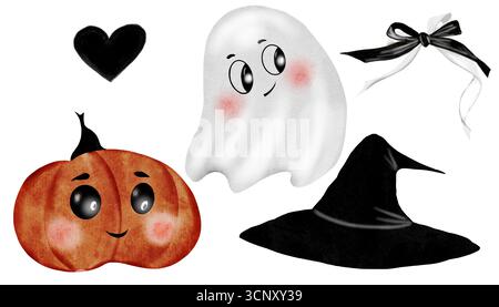 Halloween Aquarellset. Handgezeichnete Zeichentrickzeichnungen des Feiertags. Clip-Art von Geistern und Kürbissen. Perfekt für Halloween-Karten. Stockfoto