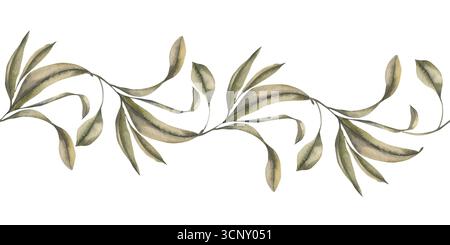 Elegante, nahtlose Blume mit tropischen, exotischen Blättern und Aquarellillustration. Handgezeichnete botanische Motive mit Eukalyptuszweigen für Romantik Stockfoto