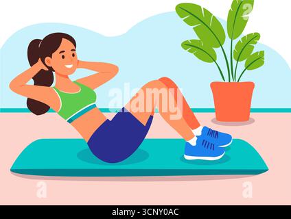 Frau, die zu Hause Sit-UPS auf einer Yogamatte durchführt, um einen gesunden Lebensstil zu erreichen Stockfoto