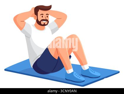 Mann trainiert die Rumpfmuskulatur mit Sit-up-Übung auf einer blauen Yogamatte Stockfoto