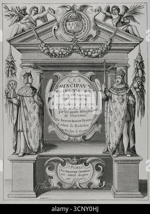 "Les Principaux poincts de la Foi de l'Eglise catholique. Défendus contre l'écrit adressé au ROI par les quatre ministres de Charenton', byr Armand Jean du Plessis (1585-1642), Kardinal Richelieu. Kupferstich von Huyot nach der Illustration für das Frontispiece des Werkes, eingraviert von J. Picart. Veröffentlicht in Paris, chez Sébastien Cramoisy, 1629. XVIIme siècle: lettres, Sciences et Arts, Frankreich 1590-1700 (17. Jahrhundert: Briefe, Wissenschaften und Künste), von Paul Lacroix. Veröffentlicht in Paris von Librairie de Firmin-Didot et Cie, 1882. Stockfoto