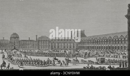 Paris, Frankreich. Einzug von König Ludwig XIV. (1638–1715), begleitet von seinem Militärhaushalt, in die Tuilerien. Stich nach Israël Silvestre (1621-1691), 1669. XVIIme siècle: lettres, Sciences et Arts, Frankreich 1590-1700 (17. Jahrhundert: Briefe, Wissenschaften und Künste), von Paul Lacroix. Veröffentlicht in Paris von Librairie de Firmin-Didot et Cie, 1882. Stockfoto