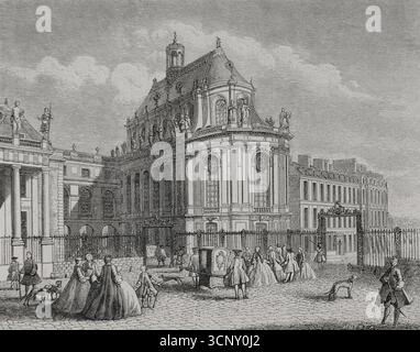 Frankreich. Blick auf die Königliche Kapelle des Schlosses von Versailles, vom Innenhof aus. Stich von Huyot nach Jacques Rigaud (1681-1754), um 1730. XVIIme siècle: lettres, Sciences et Arts, Frankreich 1590-1700 (17. Jahrhundert: Briefe, Wissenschaften und Künste), von Paul Lacroix. Veröffentlicht in Paris von Librairie de Firmin-Didot et Cie, 1882. Stockfoto