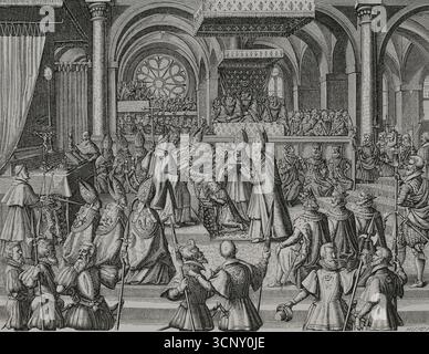 Louis XIII. „Der gerechte“ (1601-1643). König von Frankreich und Navarra (1610–1643). Krönungszeremonie Ludwigs XIII. Im Dom von Reims am 17. Oktober 1610. Kupferstich von Huyot nach einer Zeichnung von Francois Quesnel (ca. 1543-1619), Kupferstich von Thomas de Leu (ca. 1555-c.) Nr. 1612). XVIIme siècle: lettres, Sciences et Arts, Frankreich 1590-1700 (17. Jahrhundert: Briefe, Wissenschaften und Künste), von Paul Lacroix. Veröffentlicht in Paris von Librairie de Firmin-Didot et Cie, 1882. Stockfoto
