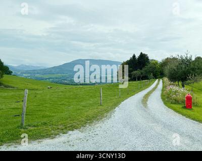 Traunreut, Deutschland - 24. September 2022: Schotterstraße windet sich durch sanfte Weiden in Deutschland, gespickt mit Bäumen, Zäunen und Wildblumen. Stockfoto