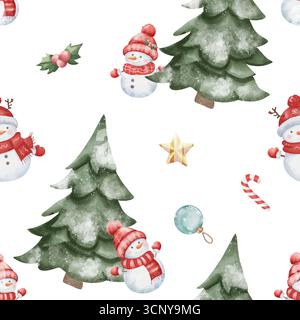 Nahtloses Aquarellmuster mit Schneemännern in roten Hüten und Tüchern, Weihnachtsbäumen, goldenen Sternen, Zuckerstangen und Kugeln auf weißem Hintergrund. Perfekt für Urlaubsgestaltung und Verpackung. Stockfoto