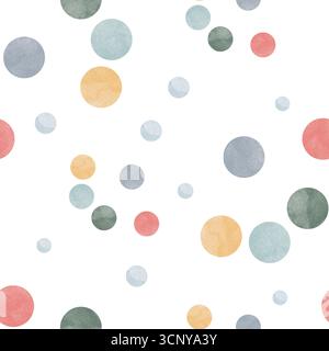 Nahtloses Aquarellmuster mit mehrfarbigen Kreisen in Rot-, Blau-, Gold- und Grüntönen auf weißem Hintergrund. Perfekt für festliches Design, Textilien, Verpackung und moderne Einrichtung Stockfoto
