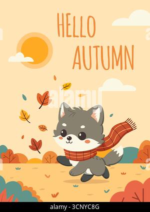 Illustrationskarte Hallo Herbst mit einem Wolf vor der Kulisse der Herbstlandschaft Stock Vektor