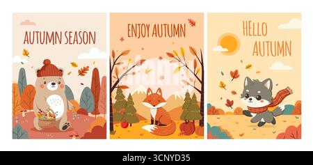 Set einer illustrierten Herbstpostkarte mit süßen Wildtieren Stock Vektor