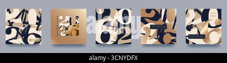 Ein Satz von Designvorlagen für das „Happy New Year 2026“ mit Zahlen und Typografie. Minimalistische Vektorillustration mit Tintenstrichen für Kalender, Einladungen, Stock Vektor