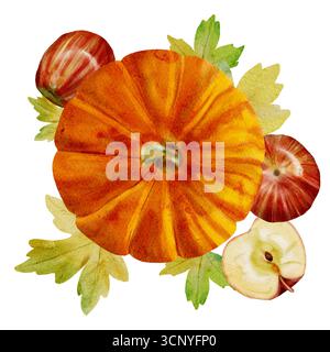 Herbstaquarell Stillleben auf weißem Hintergrund. Farbenfrohe Herbstkollektion mit Kürbissen, Äpfeln und Blättern auf weißem Hintergrund. Herbsternte Stockfoto