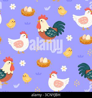 Vektor-Illustration für Hühnerfamilien. Entzückendes, sich wiederholendes Muster mit Hähnen, Hühnern, Küken, Nestern mit Eiern und Blumen. Perfekt für Chi Stock Vektor