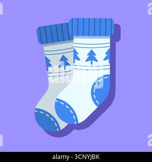 Winter Socken Vektor Illustration. Ein Paar gemütliche Wintersocken mit blauem Baummuster im Cartoon-Stil. Perfekt für Wintermotive und Kinder Stock Vektor