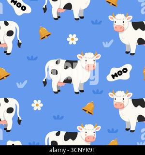 Vektorillustration für Kuhmuster. Niedliches, sich wiederholendes Muster mit Milchkühen, Glocken, Gänseblümchen auf blauem Hintergrund. Ideal für Bauernbaumotive, Kinder Stock Vektor